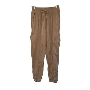 Pink Rose Cargo Jogger Pants Olive Green Rayon Mid-Rise Utility Pull-On S